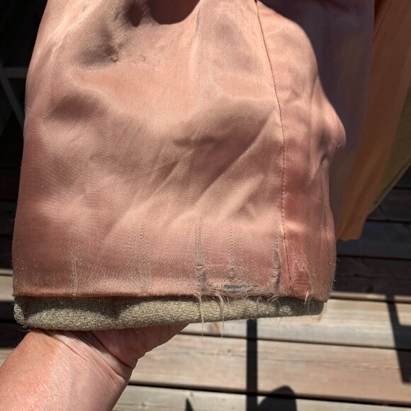 Vintage 50s 60s Union Made Oatmeal Wool Fur Trim Collar Long Belted Overcoat - Picture 16 of 16